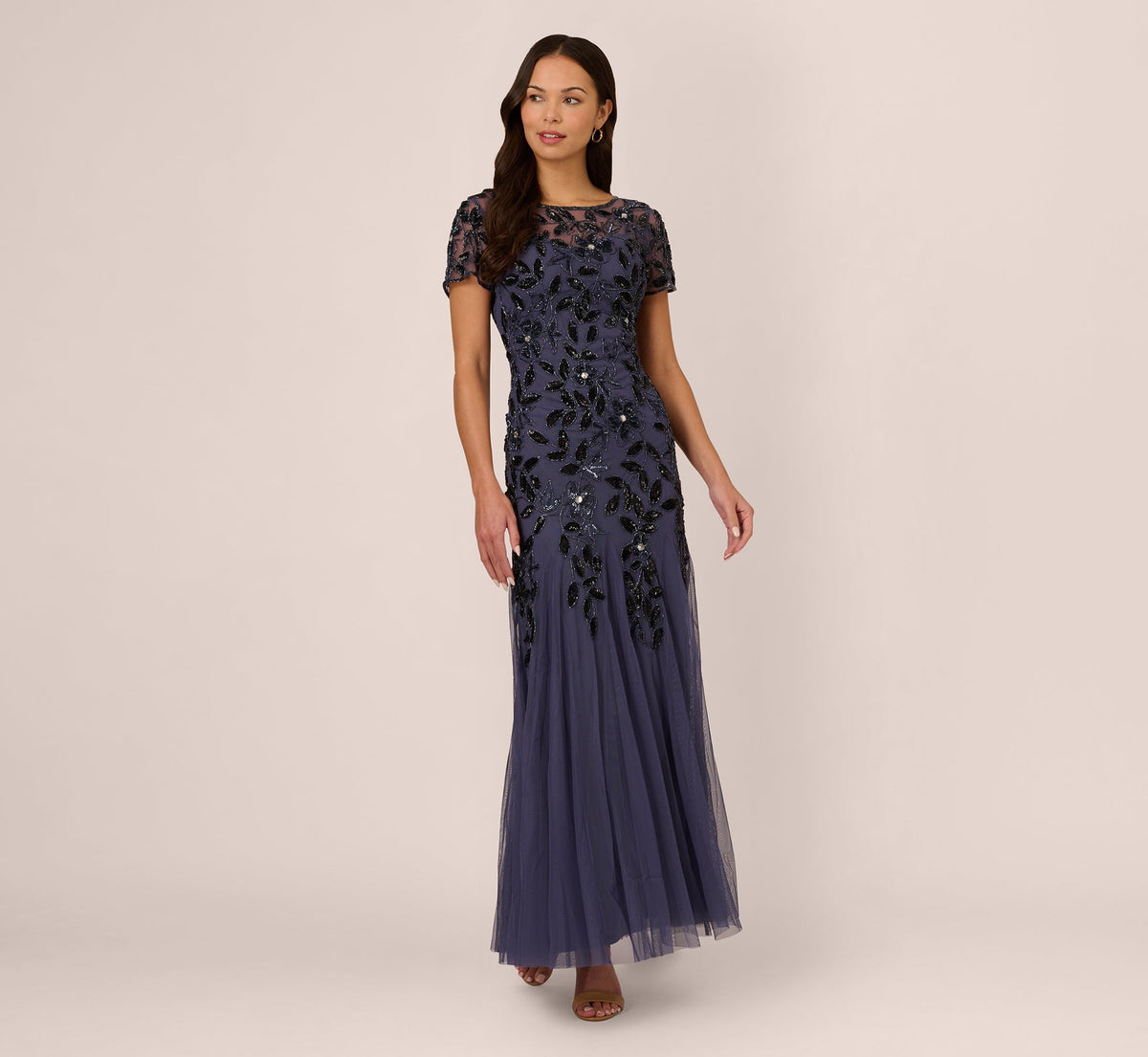 Hand Beaded Short Sleeve Floral Godet Gown - Smoky Peri | Adrianna Papell