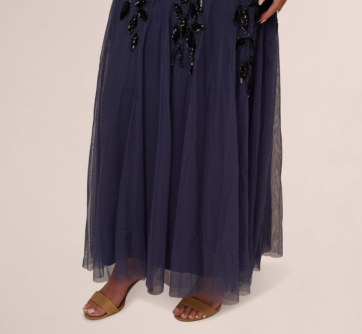 Hand Beaded Short Sleeve Floral Godet Gown - Smoky Peri | Adrianna Papell