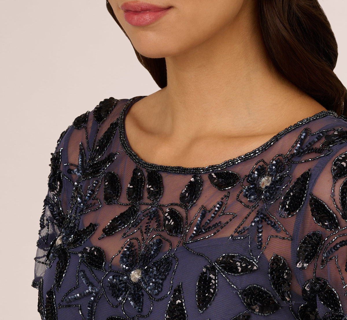 Hand Beaded Short Sleeve Floral Godet Gown - Smoky Peri | Adrianna Papell