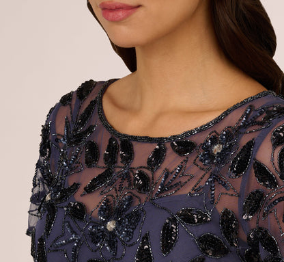 Hand Beaded Short Sleeve Floral Godet Gown - Smoky Peri | Adrianna Papell