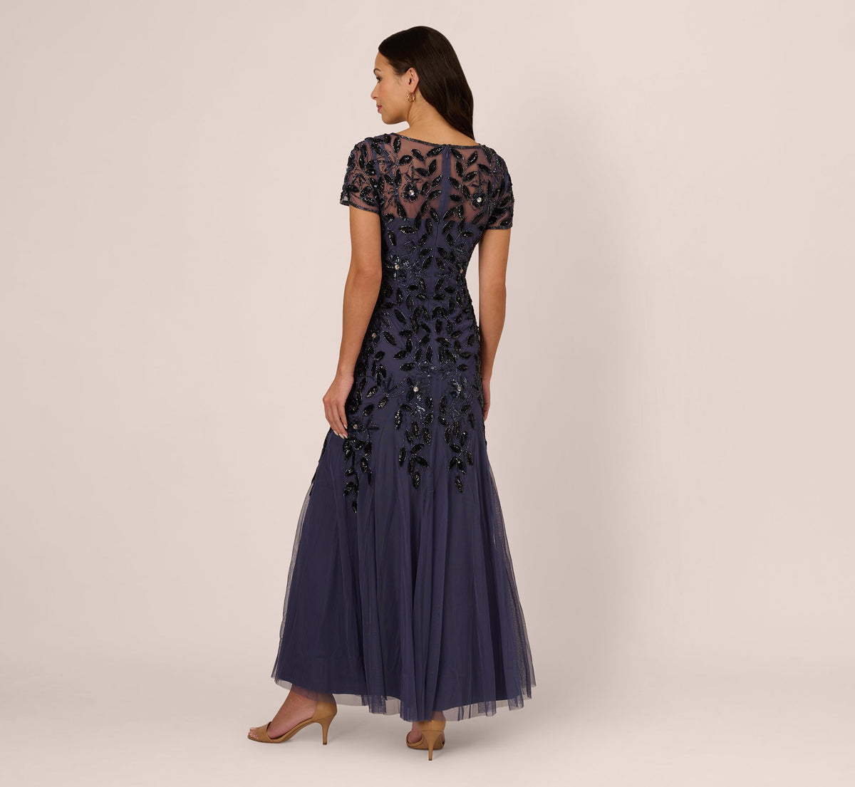 Hand Beaded Short Sleeve Floral Godet Gown - Smoky Peri | Adrianna Papell