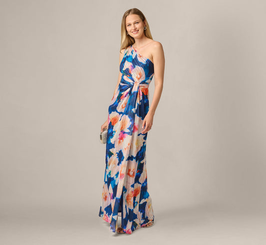 Floral Print Chiffon Gown With One Shoulder Neckline - Navy Blush | Adrianna Papell