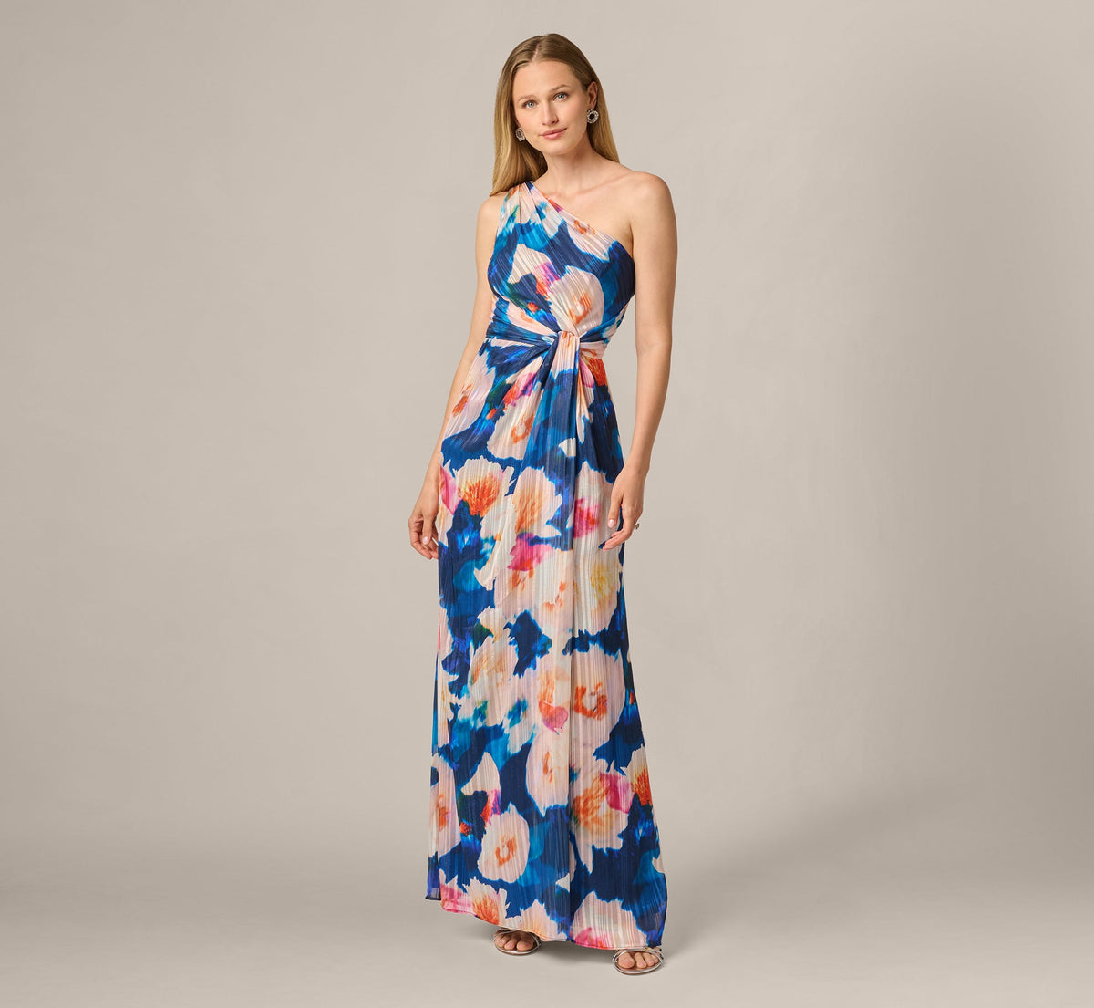 Floral Print Chiffon Gown With One Shoulder Neckline - Navy Blush | Adrianna Papell