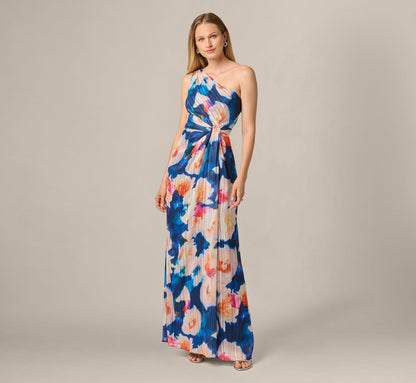 Floral Print Chiffon Gown With One Shoulder Neckline - Navy Blush | Adrianna Papell