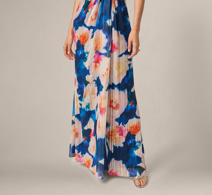 Floral Print Chiffon Gown With One Shoulder Neckline - Navy Blush | Adrianna Papell