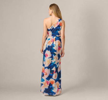 Floral Print Chiffon Gown With One Shoulder Neckline - Navy Blush | Adrianna Papell