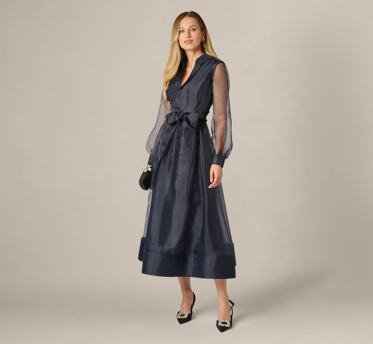 Long Sleeve Organza Collared Ankle Length Midi Dress - Midnight | Adrianna Papell