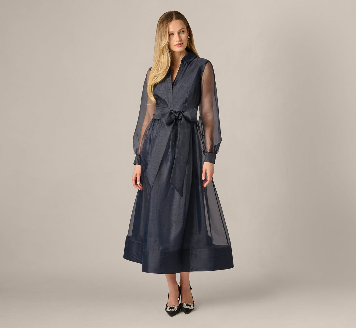 Long Sleeve Organza Collared Ankle Length Midi Dress - Midnight | Adrianna Papell