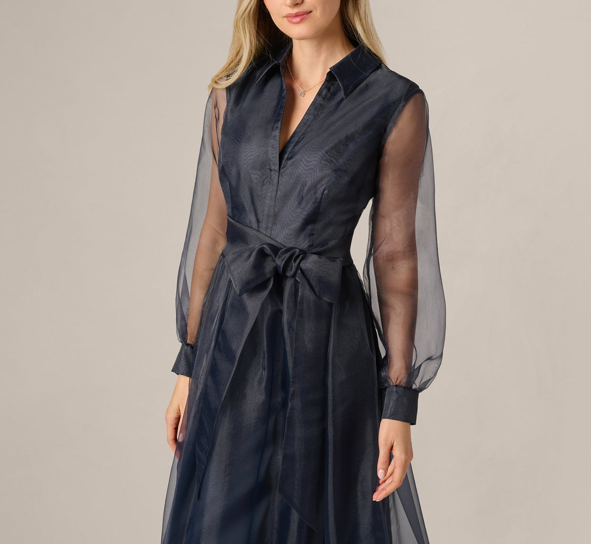 Long Sleeve Organza Collared Ankle Length Midi Dress - Midnight | Adrianna Papell
