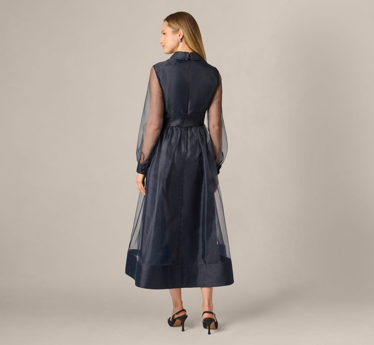 Long Sleeve Organza Collared Ankle Length Midi Dress - Midnight | Adrianna Papell