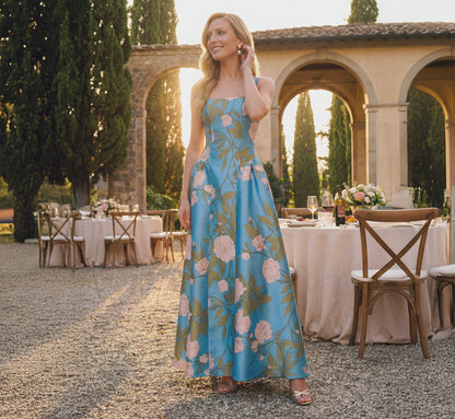 Drop Waist Square Neck Floral Ballgown - Blue Multi | Adrianna Papell