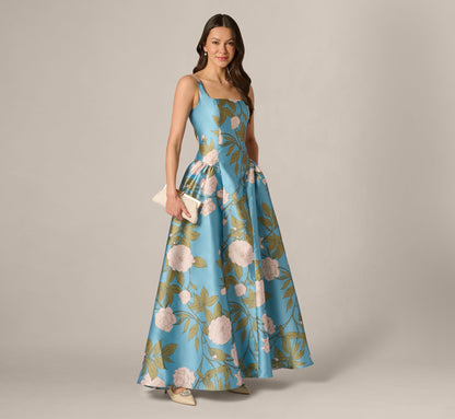 Drop Waist Square Neck Floral Ballgown - Blue Multi | Adrianna Papell
