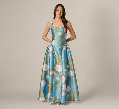 Drop Waist Square Neck Floral Ballgown - Blue Multi | Adrianna Papell