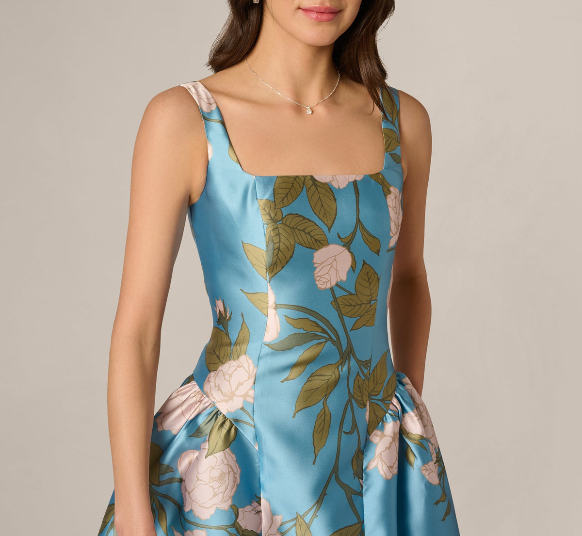 Drop Waist Square Neck Floral Ballgown - Blue Multi | Adrianna Papell