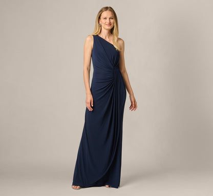 One Shoulder Dress With Draped Waist Detail - Midnight | Adrianna Papell