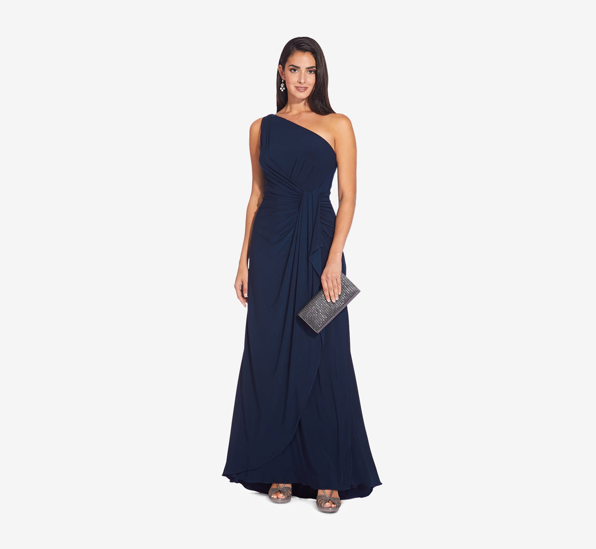 One Shoulder Dress With Draped Waist Detail - Midnight | Adrianna Papell