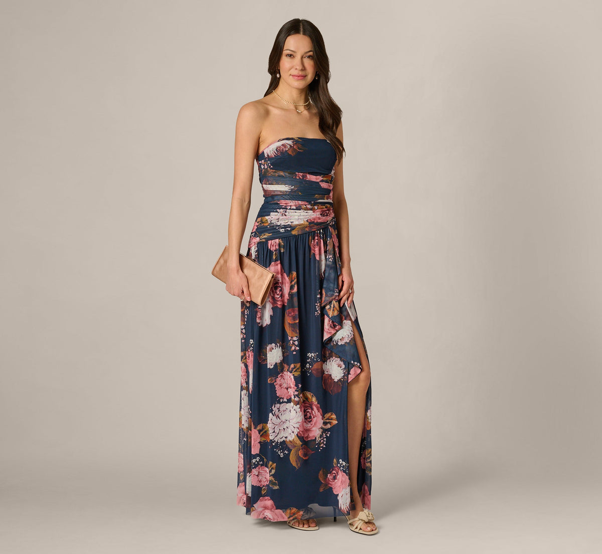 Strapless Ruched Floral Stretch Mesh Gown - Navy Multi | Adrianna Papell