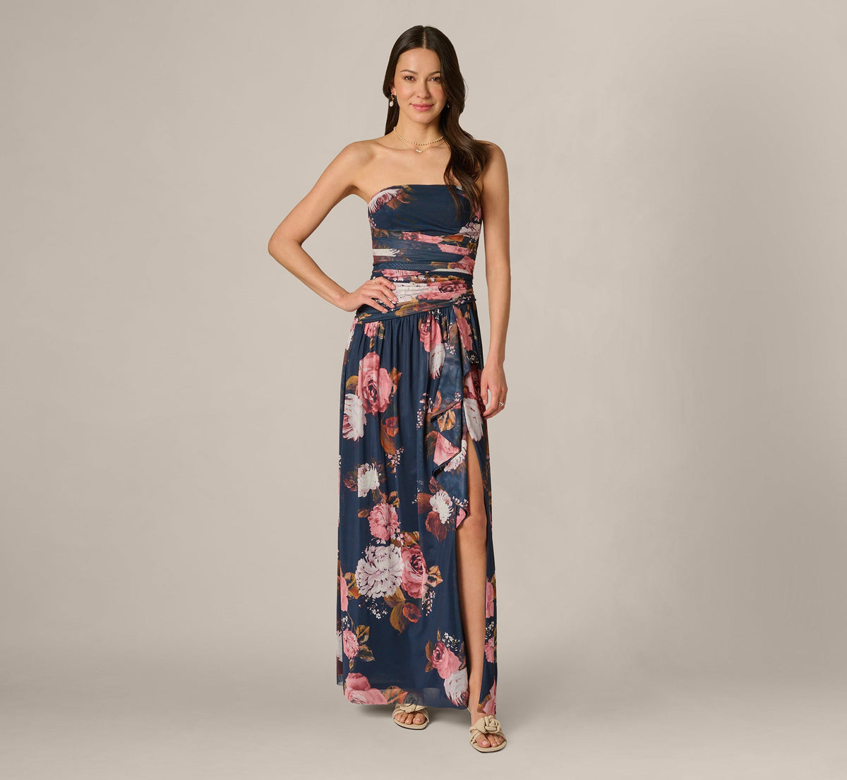 Strapless Ruched Floral Stretch Mesh Gown - Navy Multi | Adrianna Papell