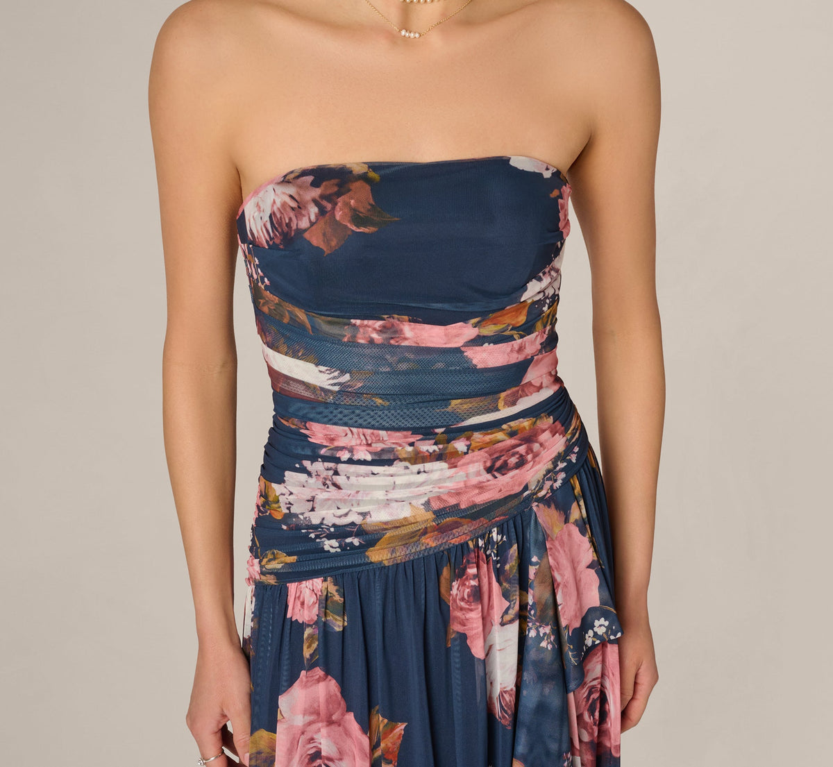 Strapless Ruched Floral Stretch Mesh Gown - Navy Multi | Adrianna Papell