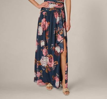 Strapless Ruched Floral Stretch Mesh Gown - Navy Multi | Adrianna Papell