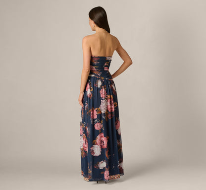 Strapless Ruched Floral Stretch Mesh Gown - Navy Multi | Adrianna Papell