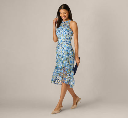 Floral Embroidered Flounce Halter Dress - Blue Multi | Adrianna Papell