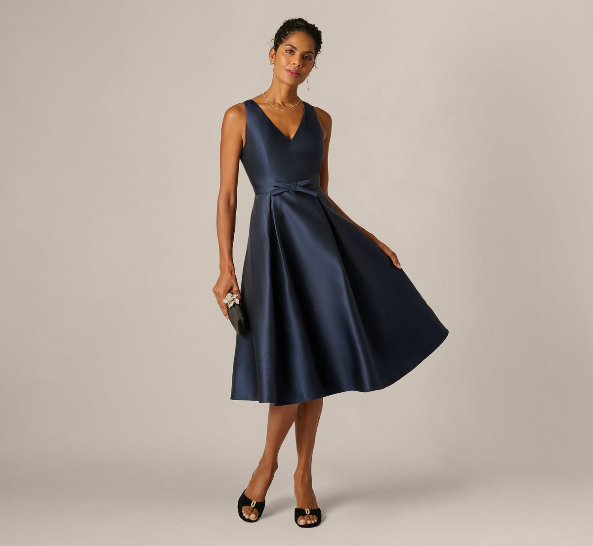 Mikado Bow Waist Fit And Flare Midi Dress - Midnight | Adrianna Papell