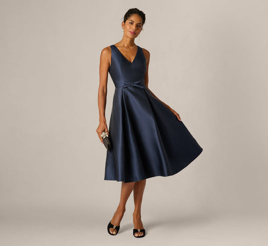 Mikado Bow Waist Fit And Flare Midi Dress - Midnight | Adrianna Papell