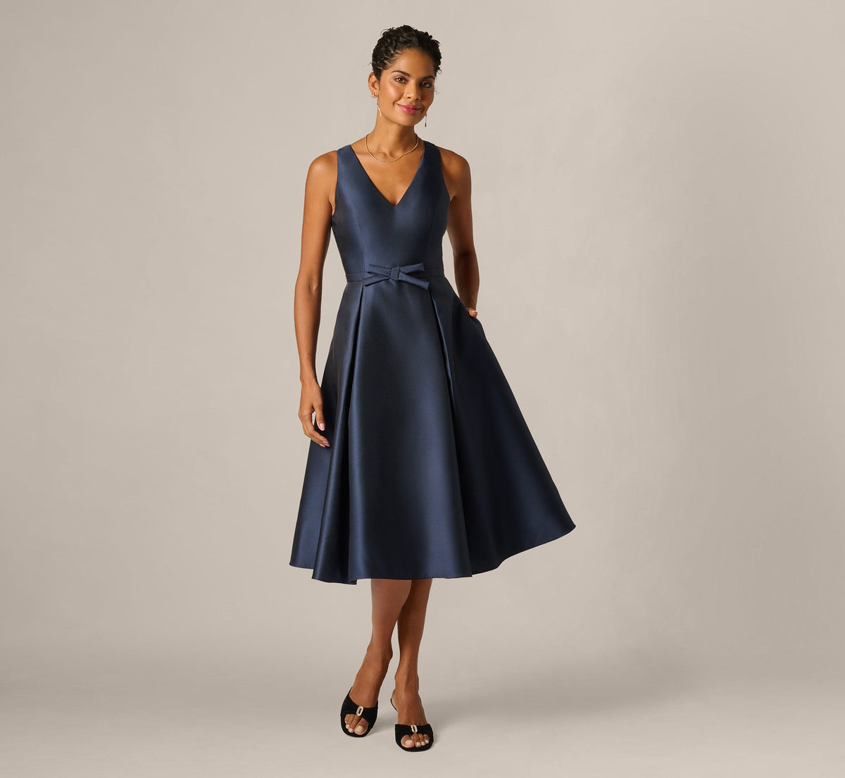 Mikado Bow Waist Fit And Flare Midi Dress - Midnight | Adrianna Papell