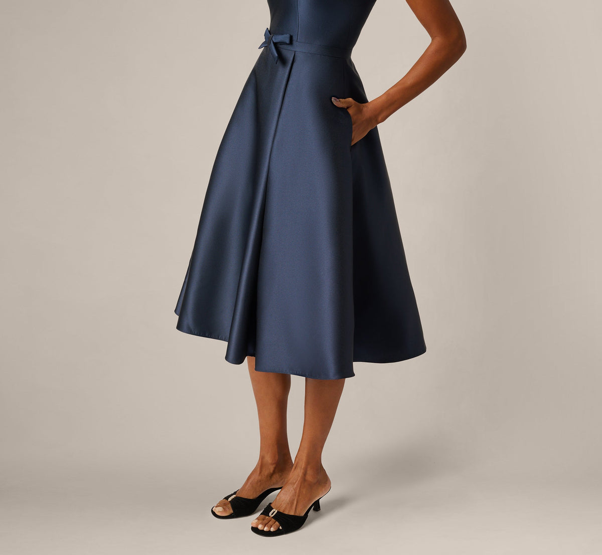 Mikado Bow Waist Fit And Flare Midi Dress - Midnight | Adrianna Papell