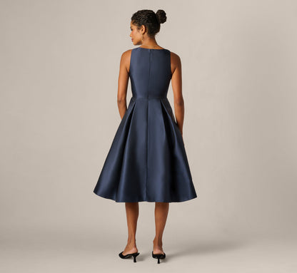 Mikado Bow Waist Fit And Flare Midi Dress - Midnight | Adrianna Papell