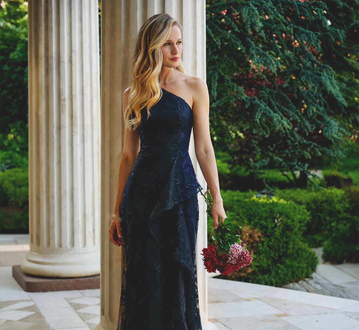 One Shoulder Floral Embroidered Gown - Navy Sateen | Adrianna Papell