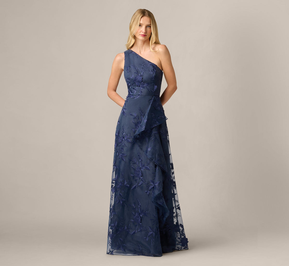 One Shoulder Floral Embroidered Gown - Navy Sateen | Adrianna Papell