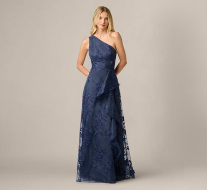 One Shoulder Floral Embroidered Gown - Navy Sateen | Adrianna Papell