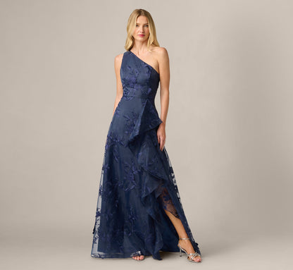 One Shoulder Floral Embroidered Gown - Navy Sateen | Adrianna Papell