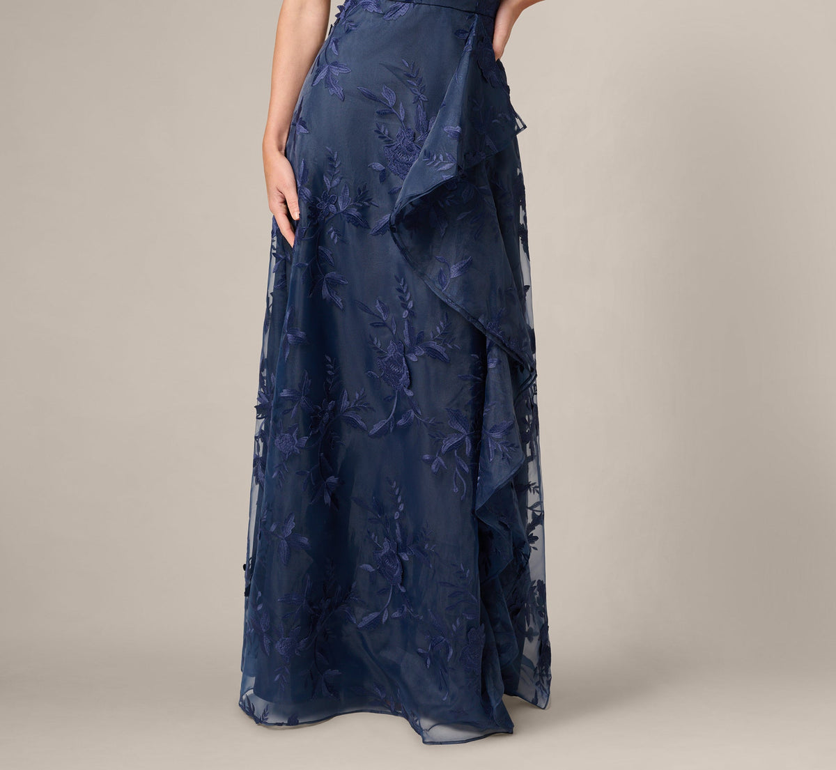 One Shoulder Floral Embroidered Gown - Navy Sateen | Adrianna Papell