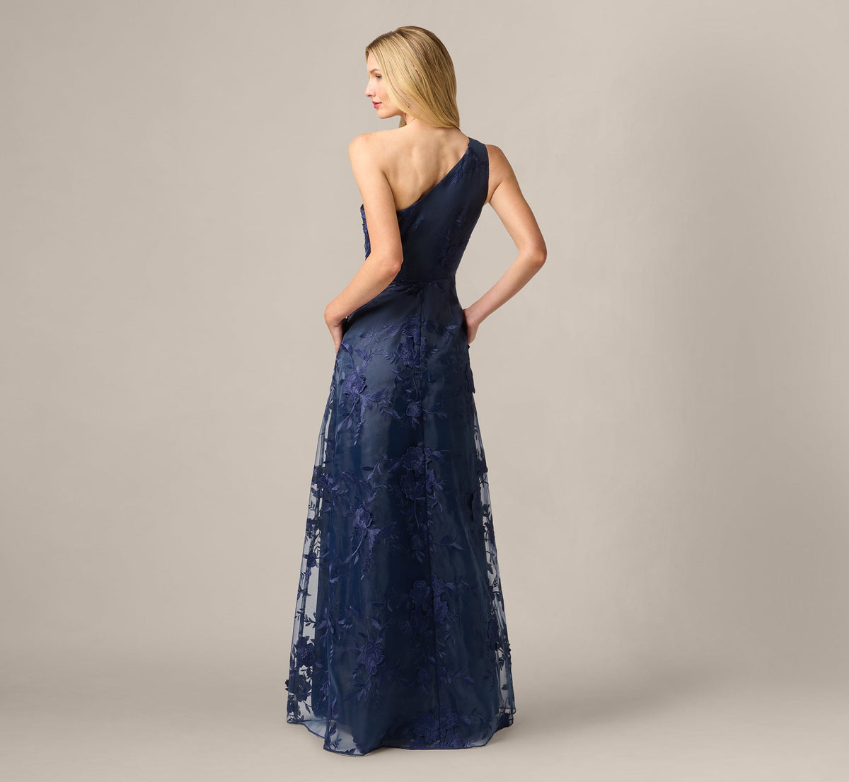 One Shoulder Floral Embroidered Gown - Navy Sateen | Adrianna Papell