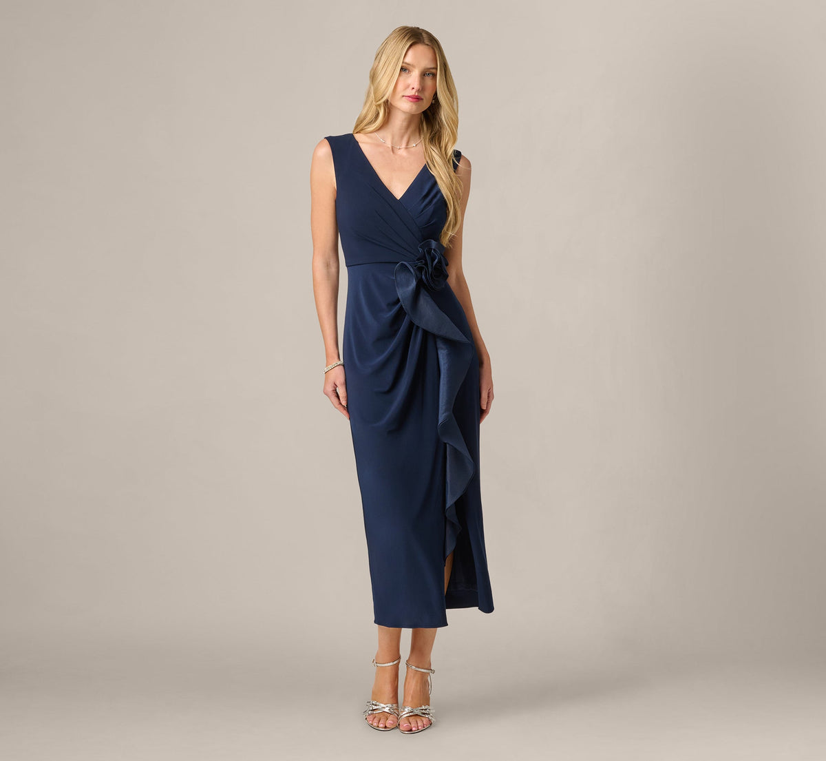 Rosette Drape Stretch Ankle Length Wrap Dress - Midnight | Adrianna Papell