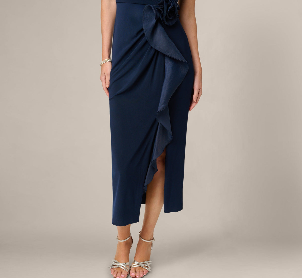 Rosette Drape Stretch Ankle Length Wrap Dress - Midnight | Adrianna Papell