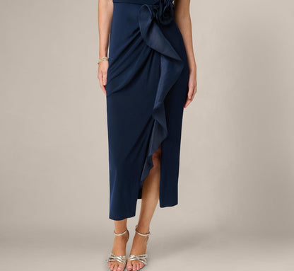 Rosette Drape Stretch Ankle Length Wrap Dress - Midnight | Adrianna Papell