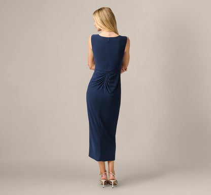 Rosette Drape Stretch Ankle Length Wrap Dress - Midnight | Adrianna Papell
