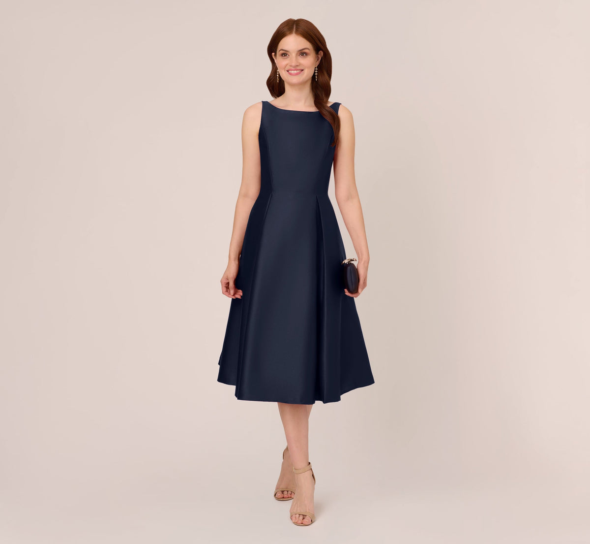 Sleeveless Mikado Fit And Flare Midi Dress With V-Back - Midnight | Adrianna Papell