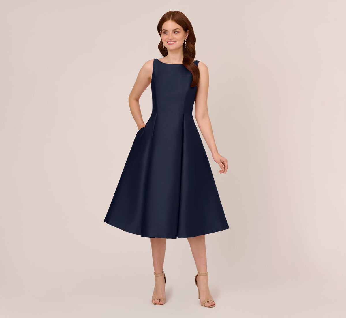 Sleeveless Mikado Fit And Flare Midi Dress With V-Back - Midnight | Adrianna Papell