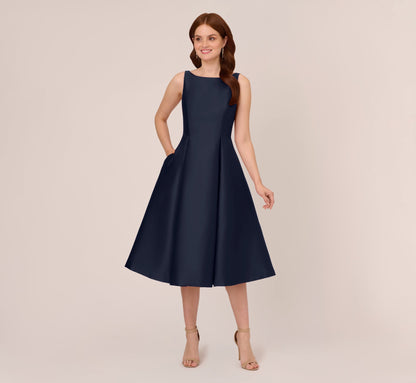 Sleeveless Mikado Fit And Flare Midi Dress With V-Back - Midnight | Adrianna Papell