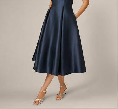 Sleeveless Mikado Fit And Flare Midi Dress With V-Back - Midnight | Adrianna Papell