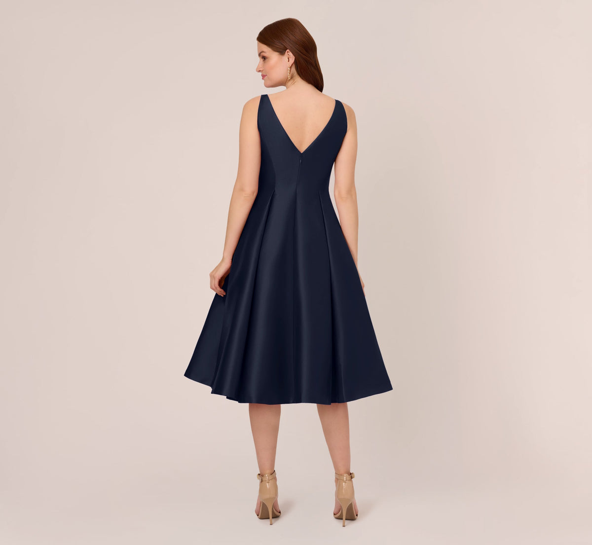 Sleeveless Mikado Fit And Flare Midi Dress With V-Back - Midnight | Adrianna Papell