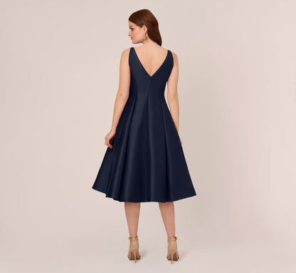 Sleeveless Mikado Fit And Flare Midi Dress With V-Back - Midnight | Adrianna Papell