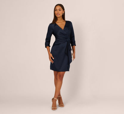 Three Quarter Sleeve Draped Satin Sheath Dress - Dark Navy | Adrianna Papell