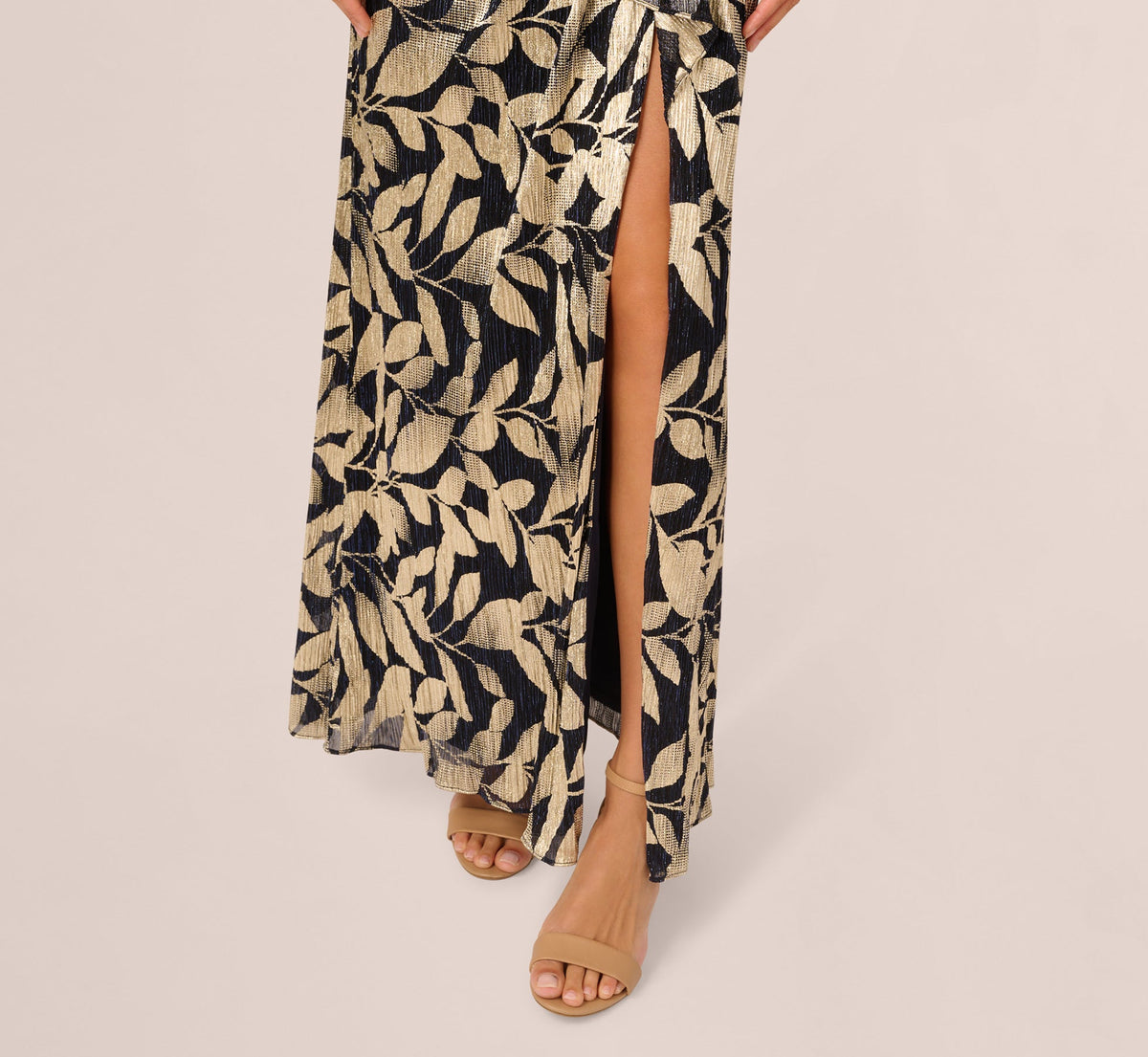 Foil Printed Asymmetric Gown With Ruffled Detail - Navy Gold | Adrianna Papell