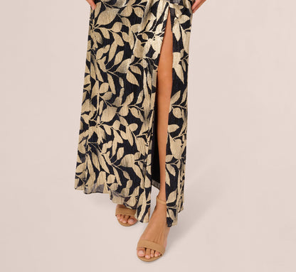 Foil Printed Asymmetric Gown With Ruffled Detail - Navy Gold | Adrianna Papell